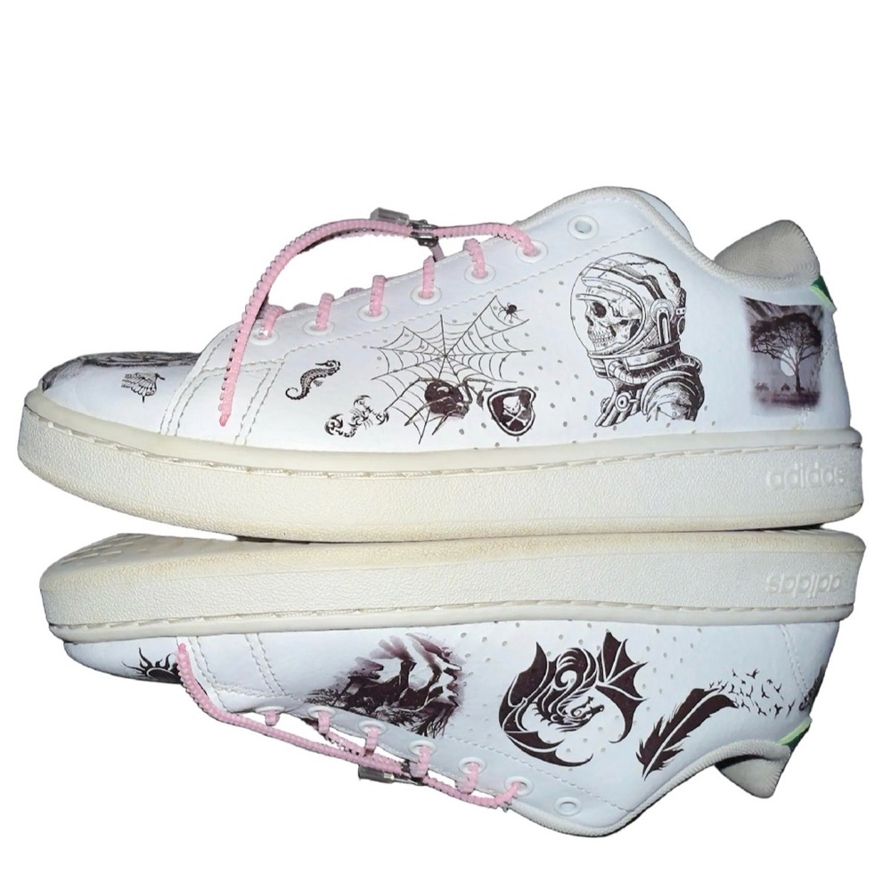 Adidas unisex Sneakers with Pink zipuplaces and Artistic Designs